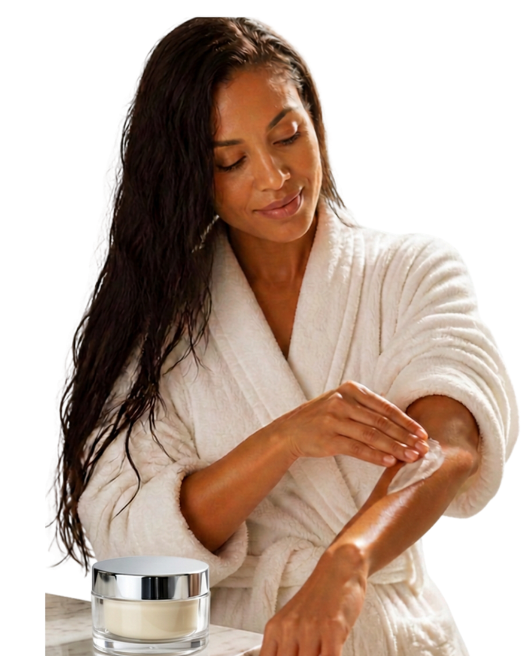 Woman in a white robe smoothing Creole Love body butter onto her arm