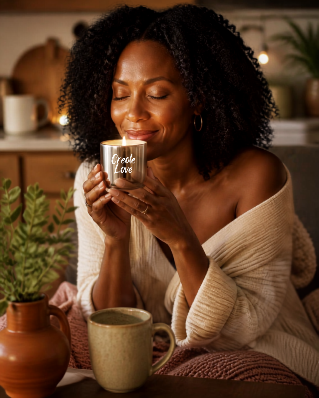Woman breathing in the scent of a lit Creole Love candle